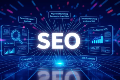 A kép középpontjában a 'SEO' felirat áll, körülötte különböző SEO-hoz kapcsolódó fogalmak, mint például 'Keyword Marketing', 'Content Marketing' és 'On-Page SEO'.