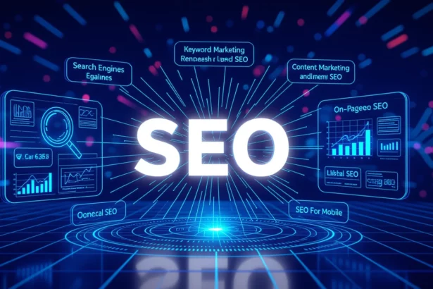 A kép középpontjában a 'SEO' felirat áll, körülötte különböző SEO-hoz kapcsolódó fogalmak, mint például 'Keyword Marketing', 'Content Marketing' és 'On-Page SEO'.