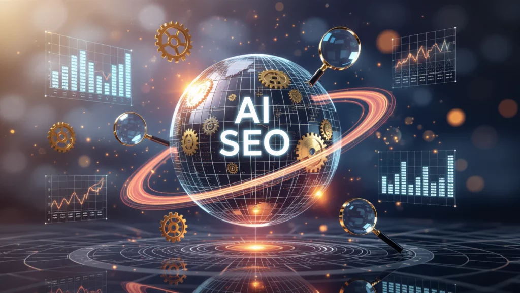 Egy globális térkép, amelyen az AI SEO felirat látható, körülötte grafikonok és fogaskerekek.