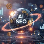 Egy globális térkép, amelyen az AI SEO felirat látható, körülötte grafikonok és fogaskerekek.