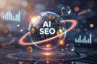 Egy globális térkép, amelyen az AI SEO felirat látható, körülötte grafikonok és fogaskerekek.