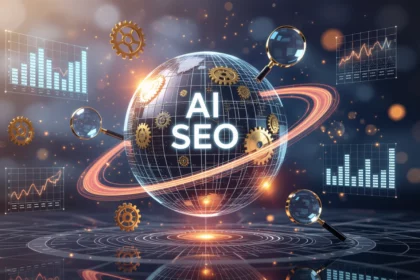 Egy globális térkép, amelyen az AI SEO felirat látható, körülötte grafikonok és fogaskerekek.