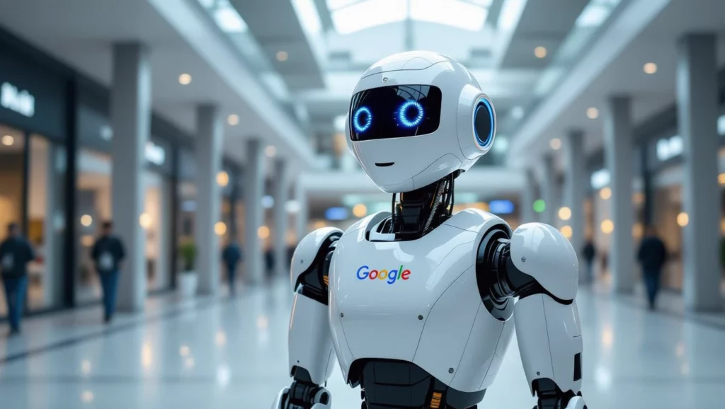 Egy Google logóval ellátott robot áll egy modern bevásárlóközpontban, a háttérben üzletek láthatók. A robot a keresőoptimalizálás szimbóluma.