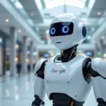 Egy Google logóval ellátott robot áll egy modern bevásárlóközpontban, a háttérben üzletek láthatók. A robot a keresőoptimalizálás szimbóluma.