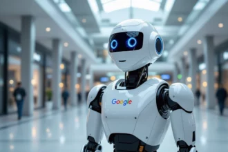 Egy Google logóval ellátott robot áll egy modern bevásárlóközpontban, a háttérben üzletek láthatók. A robot a keresőoptimalizálás szimbóluma.