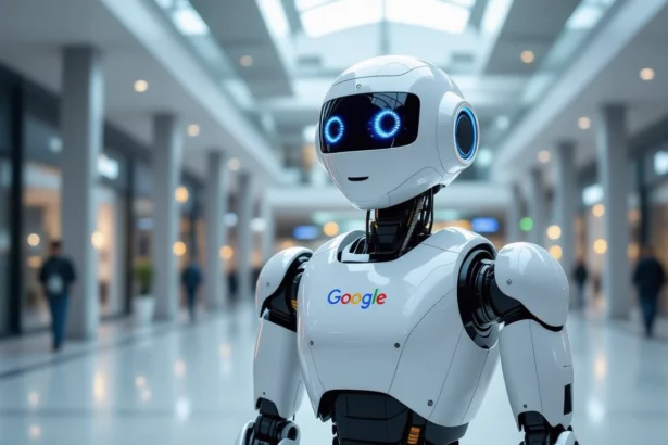 Egy Google logóval ellátott robot áll egy modern bevásárlóközpontban, a háttérben üzletek láthatók. A robot a keresőoptimalizálás szimbóluma.