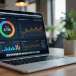 Egy laptop képernyője, amely a Google Search Console statisztikáit mutatja, grafikonokkal és adatokkal a weboldal teljesítményéről.