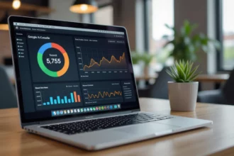 Egy laptop képernyője, amely a Google Search Console statisztikáit mutatja, grafikonokkal és adatokkal a weboldal teljesítményéről.