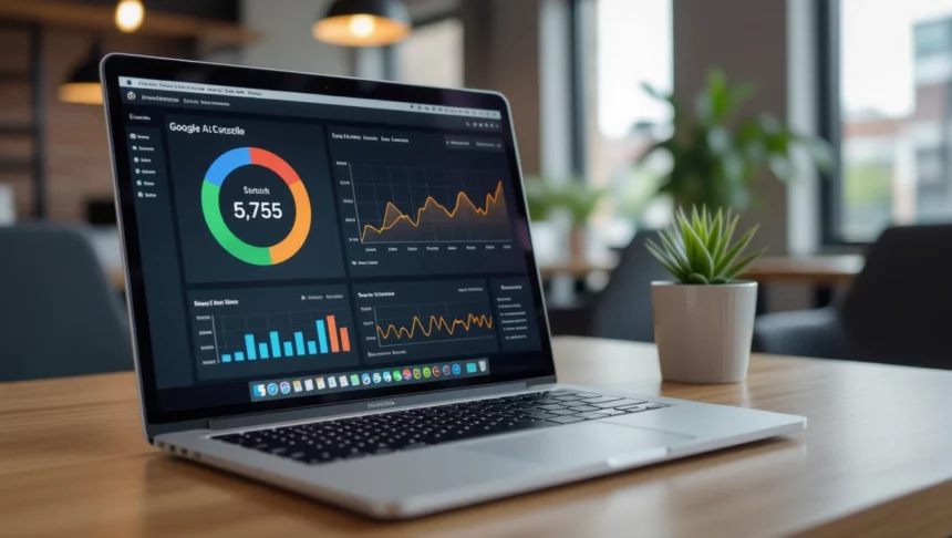 Egy laptop képernyője, amely a Google Search Console statisztikáit mutatja, grafikonokkal és adatokkal a weboldal teljesítményéről.