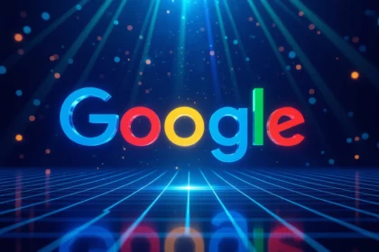 A Google logó színes betűkkel, háttérben fények és geometriai minták, a keresőoptimalizálás szimbóluma.