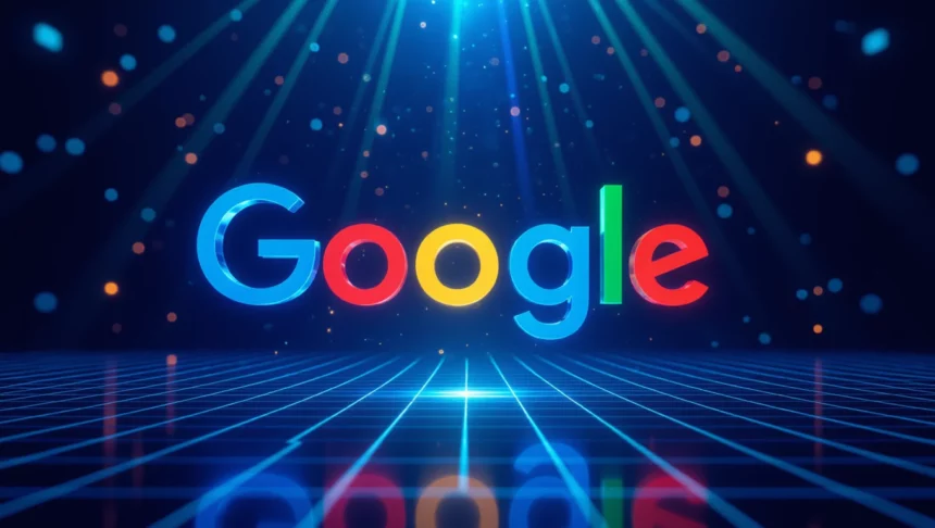 A Google logó színes betűkkel, háttérben fények és geometriai minták, a keresőoptimalizálás szimbóluma.