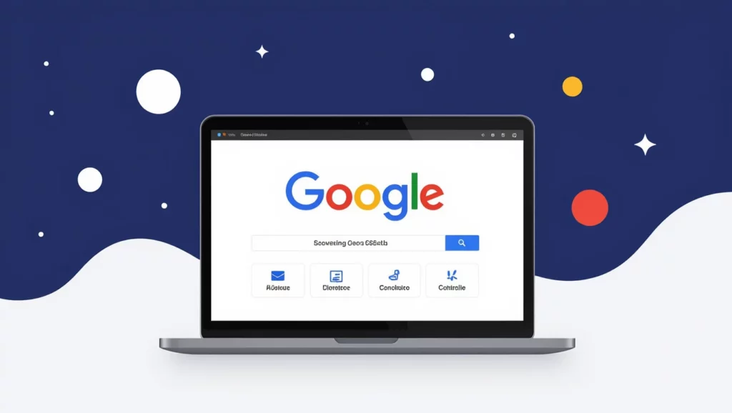 Egy laptop képernyőjén a Google keresőoldala látható, amely a Google Search Console alapvető funkcióit mutatja be. A háttér színes, csillagokkal díszített.