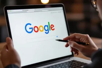 Egy felhasználó laptopon a Google keresőoldalát nézi, miközben egy tollal ír.