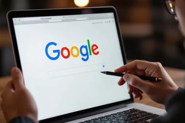 Egy felhasználó laptopon a Google keresőoldalát nézi, miközben egy tollal ír.