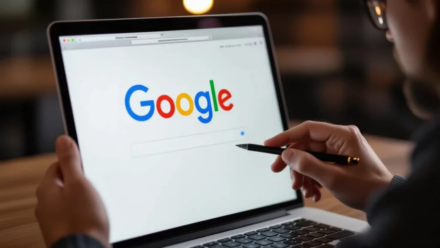 Egy felhasználó laptopon a Google keresőoldalát nézi, miközben egy tollal ír.