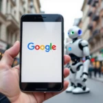 Egy kézben tartott okostelefon, amelyen a Google logója látható, háttérben egy robot áll.