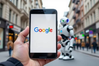 Egy kézben tartott okostelefon, amelyen a Google logója látható, háttérben egy robot áll.