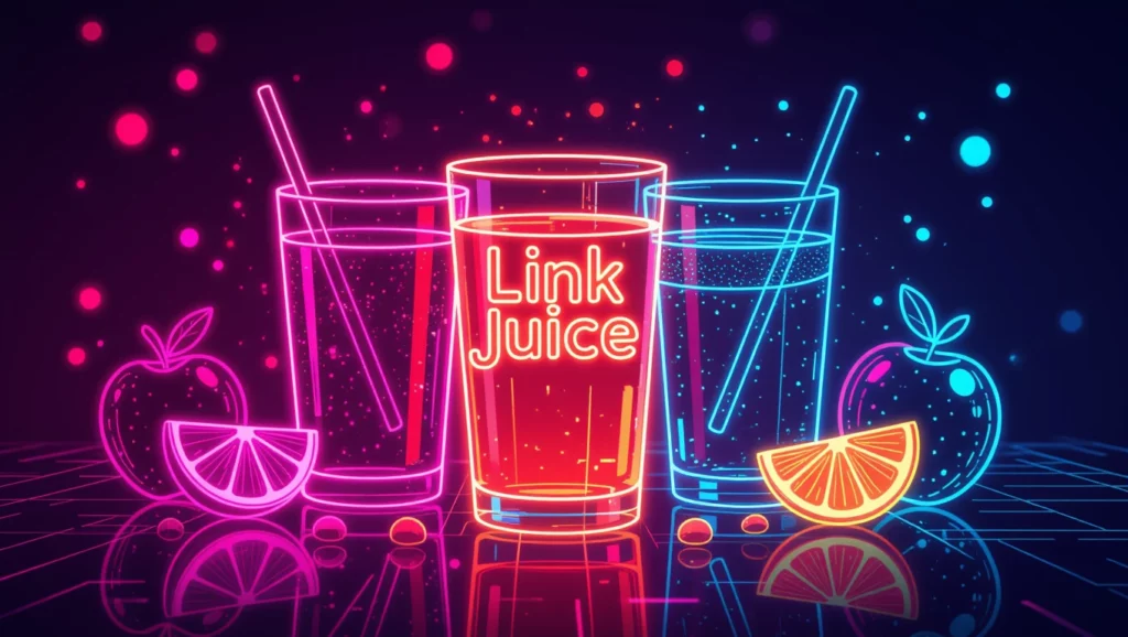 A képen három színes ital látható, amelyek a 'Link Juice' kifejezést ábrázolják, utalva a SEO és belső linkek fontosságára.