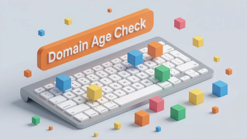 Egy számítógép billentyűzet, amelyen színes kockák találhatók, a középpontban a 'Domain Age Check' felirattal, utalva a domain korának ellenőrzésére.