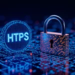 A képen egy digitális lakat és az HTTPS felirat látható, amelyek a weboldalak biztonságát jelképezik, hangsúlyozva a HTTPS protokoll fontosságát a keresőoptimalizálásban.