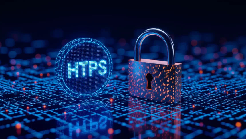 A képen egy digitális lakat és az HTTPS felirat látható, amelyek a weboldalak biztonságát jelképezik, hangsúlyozva a HTTPS protokoll fontosságát a keresőoptimalizálásban.