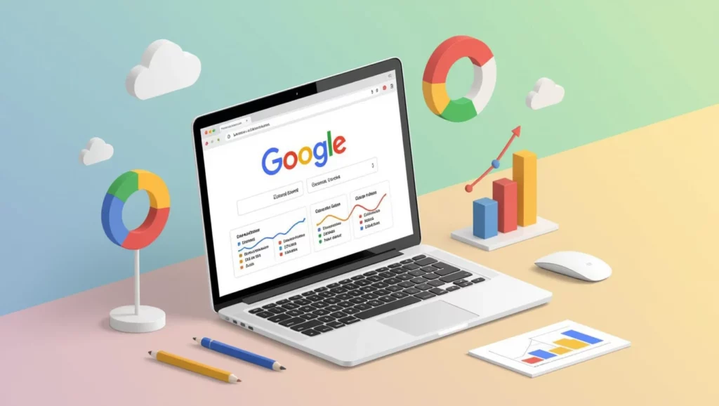 Egy laptop képernyőjén a Google keresőoldala látható, mellette SEO grafikonok és statisztikák, amelyek a Google Search Console használatát illusztrálják.