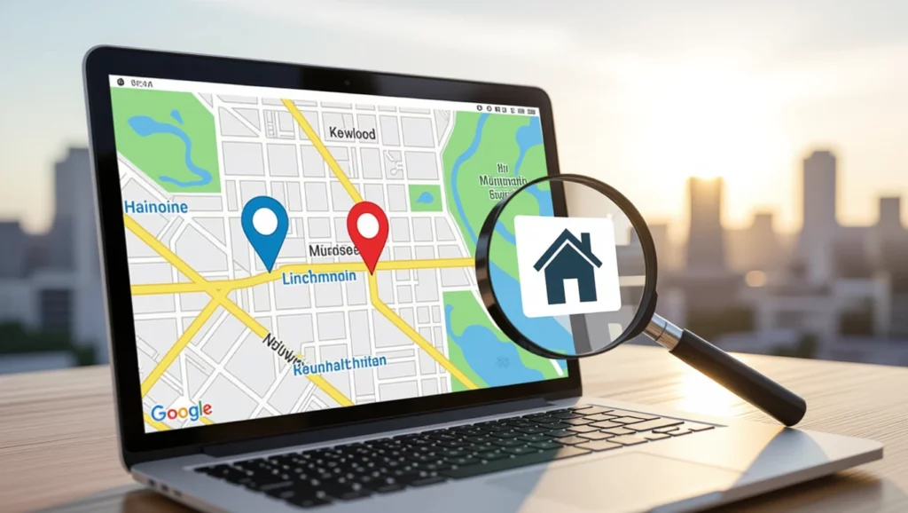 Egy laptop képernyőjén térkép látható, amelyen piros és kék jelölők mutatják a helyi vállalkozásokat. A háttérben városi táj látható.