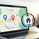 Egy laptop képernyőjén térkép látható, amelyen piros és kék jelölők mutatják a helyi vállalkozásokat. A háttérben városi táj látható.
