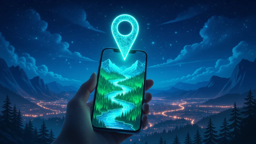 Egy telefon képernyőjén egy gyönyörű táj látható, amelyen hegyek és folyók találhatók, a háttérben csillagos égbolttal.