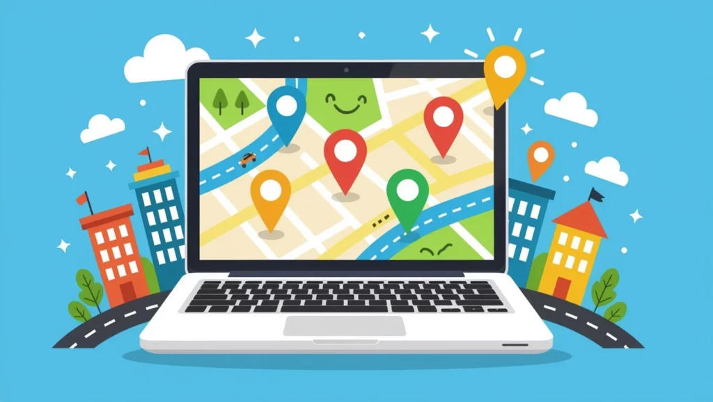 Egy laptop képernyőjén városi térkép látható, piros és sárga helymeghatározó ikonokkal, amelyek a helyi kulcsszavak kutatására utalnak.