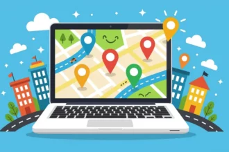 Egy laptop képernyőjén városi térkép látható, piros és sárga helymeghatározó ikonokkal, amelyek a helyi kulcsszavak kutatására utalnak.
