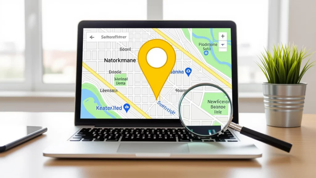 Egy laptop képernyőjén térkép látható, amelyen egy sárga helymeghatározó ikon található. A háttérben egy zöld növény látható, ami a helyi keresőoptimalizálásra utal.