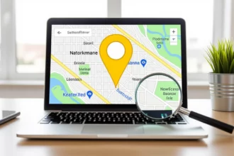 Egy laptop képernyőjén térkép látható, amelyen egy sárga helymeghatározó ikon található. A háttérben egy zöld növény látható, ami a helyi keresőoptimalizálásra utal.