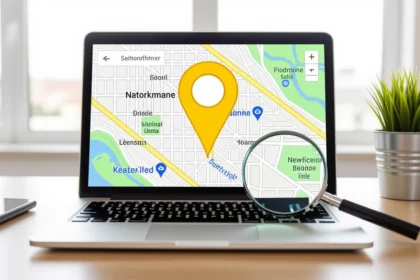 Egy laptop képernyőjén térkép látható, amelyen egy sárga helymeghatározó ikon található. A háttérben egy zöld növény látható, ami a helyi keresőoptimalizálásra utal.