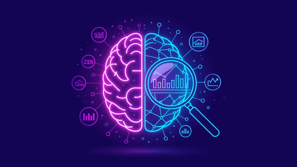 Egy stilizált agy, amelynek bal oldalán hagyományos, míg a jobb oldalán digitális elemek találhatók, utalva a SEO és mesterséges intelligencia kapcsolatára.