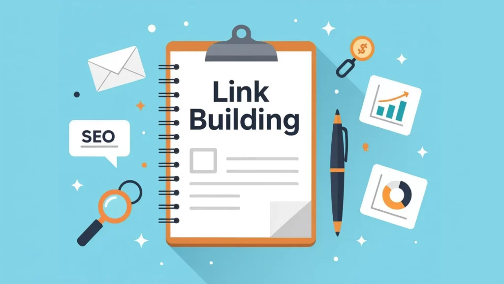 Egy jegyzetfüzet, amelyen a 'Link Building' felirat látható, körülötte SEO, grafikonok és keresőoptimalizálásra utaló ikonok.