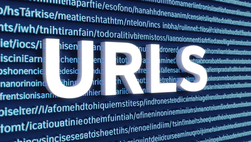 A képen a 'URLs' felirat látható, háttérben kódolt szövegekkel, amelyek a weboldalak URL struktúrájára utalnak.
