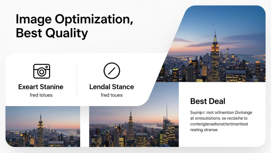 A városi táj képe, amely a naplementében ragyogó felhőkarcolókat mutat, hangsúlyozva a képek SEO optimalizálásának fontosságát.