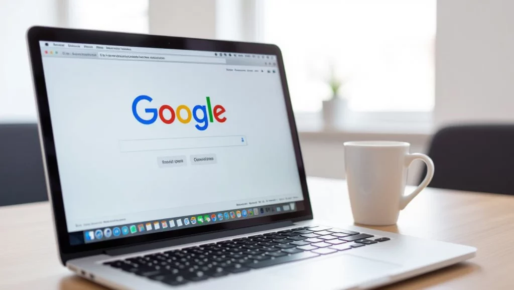 Egy laptop látható, amelyen a Google keresőoldala nyílt meg, egy fehér bögre mellett. A kép a keresőoptimalizálás és a hosszú farok kulcsszavak fontosságát hangsúlyozza.