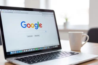 Egy laptop látható, amelyen a Google keresőoldala nyílt meg, egy fehér bögre mellett. A kép a keresőoptimalizálás és a hosszú farok kulcsszavak fontosságát hangsúlyozza.