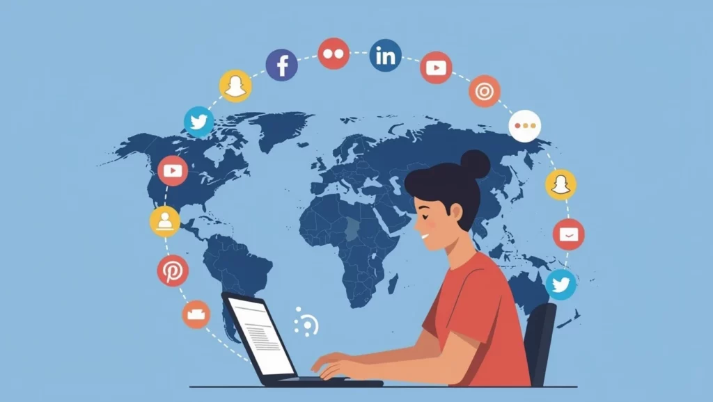 Egy fiatal nő laptop előtt ülve, a háttérben a világ térképe és közösségi média ikonok láthatók, amelyek a digitális marketing fontosságát szimbolizálják.