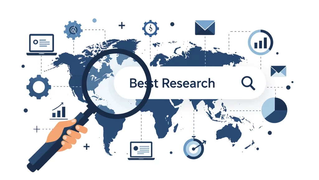 A képen egy világ térkép látható, amelyen különböző SEO és kulcsszókutatási ikonok találhatók, mint például grafikonok, levelek és keresőmotorok.