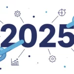 A 2025-ös évszámot ábrázoló grafika, amely körül linképítési és SEO elemek találhatók, mint például diagramok és fogaskerekek.