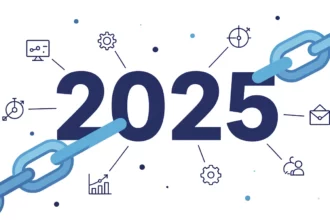 A 2025-ös évszámot ábrázoló grafika, amely körül linképítési és SEO elemek találhatók, mint például diagramok és fogaskerekek.