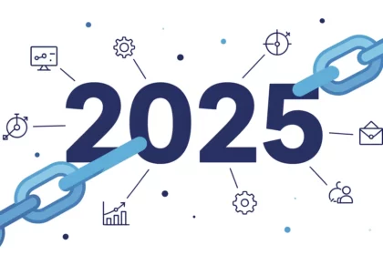 A 2025-ös évszámot ábrázoló grafika, amely körül linképítési és SEO elemek találhatók, mint például diagramok és fogaskerekek.