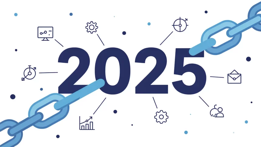 A 2025-ös évszámot ábrázoló grafika, amely körül linképítési és SEO elemek találhatók, mint például diagramok és fogaskerekek.