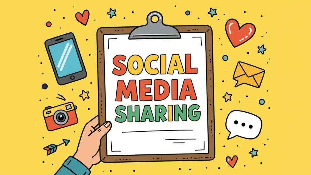 A kép egy színes, illusztrált táblát mutat be, amelyen a 'SOCIAL MEDIA SHARING' felirat olvasható, körülötte közösségi média ikonok és eszközök láthatók.