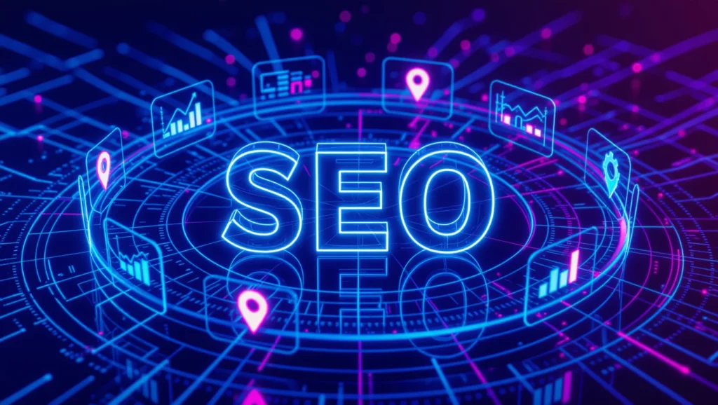 A kép egy modern, digitális SEO grafikai ábrázolását mutatja, amely linkek és statisztikák köré épül. A középpontban a 'SEO' felirat látható, amely a keresőoptimalizálás fontosságát hangsúlyozza.