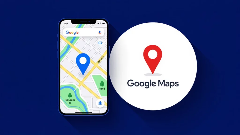 Egy okostelefon képernyőjén a Google Térkép alkalmazás látható, amelyen egy kék helymeghatározó ikon található.