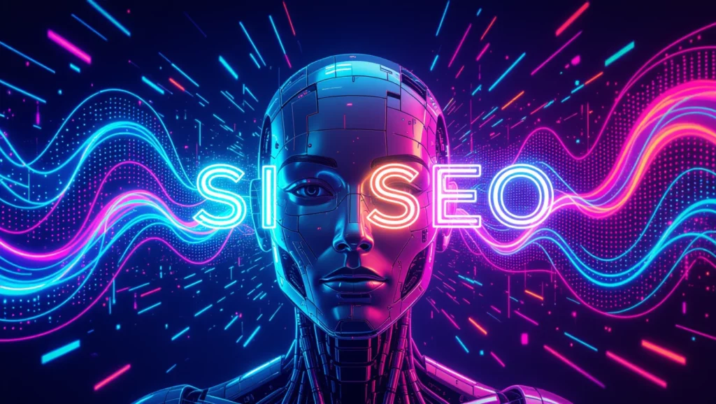 Egy futurisztikus robot arca, amely előtt a 'MI SEO' felirat világít, színes fényekkel és digitális mintázatokkal körülvéve.